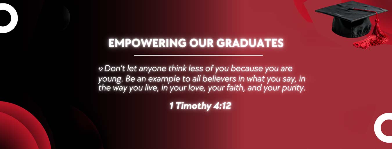 a red banner with shapes and the scripture 1 Timothy 4:12
