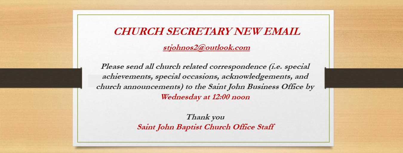a banner advertising a new email for the  church secretary stjohnos2@outlook.com
