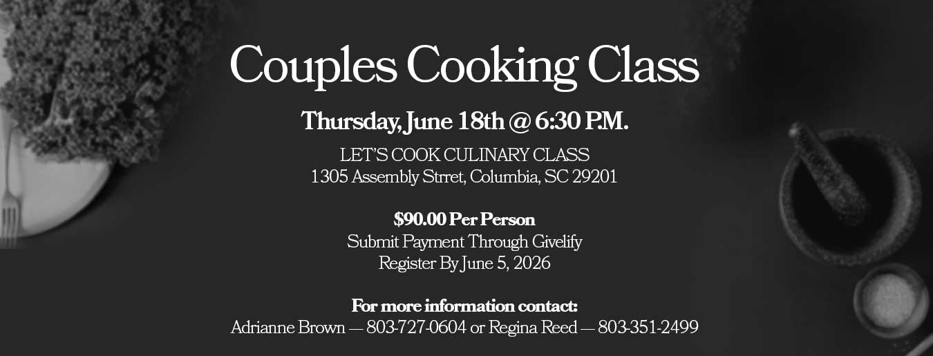 dark colored banner for a Couples Cooking Class on June 18th. Tickets are $90 and you can register through Givelify