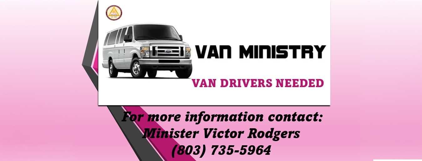 lavender banner announcing that the Van Ministry is needing drivers