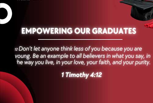 a red banner with shapes and the scripture 1 Timothy 4:12