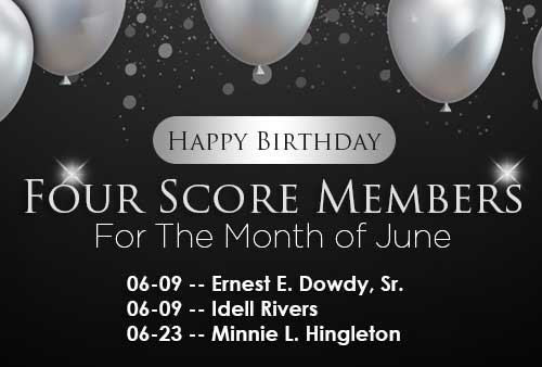 a black happy birthday banner with gold balloons to celebrate the birthdays of the  four score church members