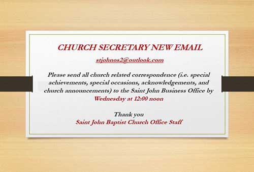 a banner advertising a new email for the  church secretary stjohnos2@outlook.com