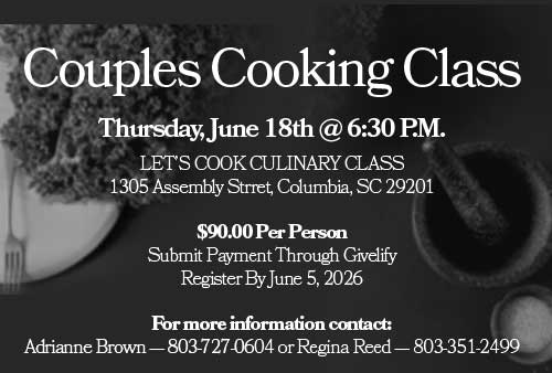 dark colored banner for a Couples Cooking Class on June 18th. Tickets are $90 and you can register through Givelify