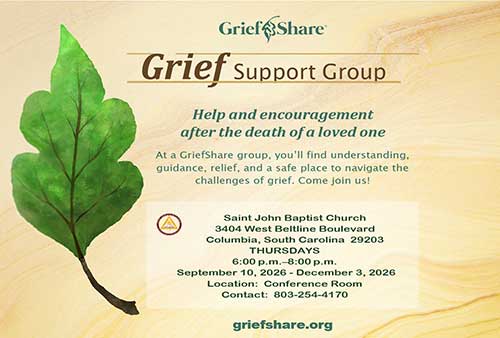 brown banner with a green leaf to advertise the Grief suppor group  that meets on thursdays throiugh December 3rd