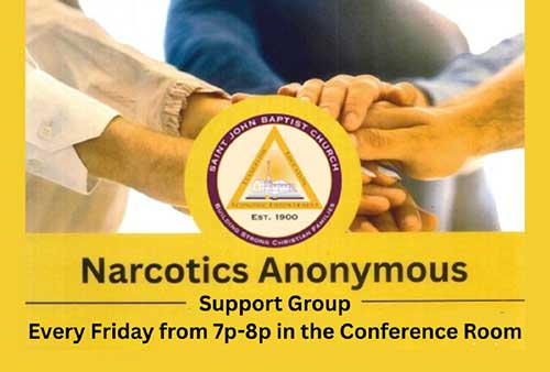 yellow banner with people holding hands for Narcotics Anonymous meetings on Fridays at 7pm