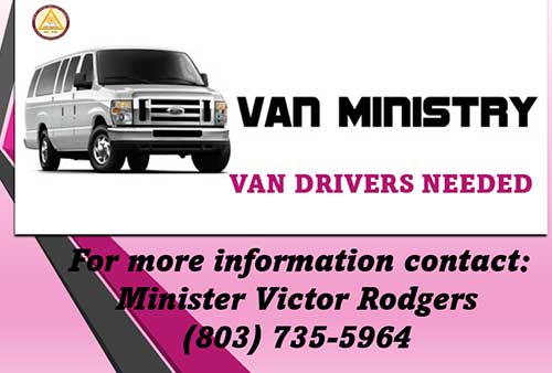 lavender banner announcing that the Van Ministry is needing drivers