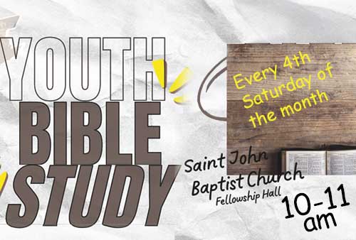 white banner with the words Youth Bible Study advertising tje youth bible study which takes palce every 4th saturday from 10am - 11am