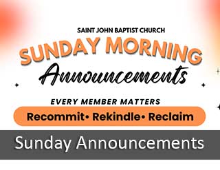 white and orange banner with the words sunday morning announcements